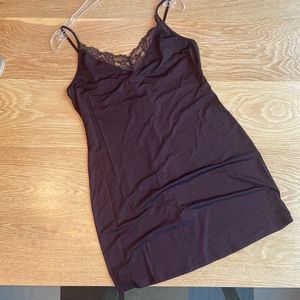 NWT Hanro satin slip dress, M, lace neckline, adjustable straps, in purple night